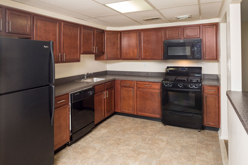 kitchen with refrigerator, microwave, rangehood and dishwasher
